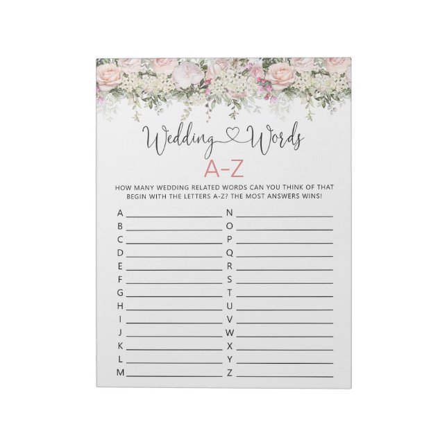Bridal Shower Game - Wedding Words A-Z Notepad (Rotated)
