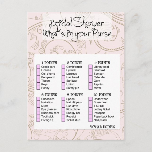 Bridal shower game- What is in your purse? Invitation Postcard (Front)