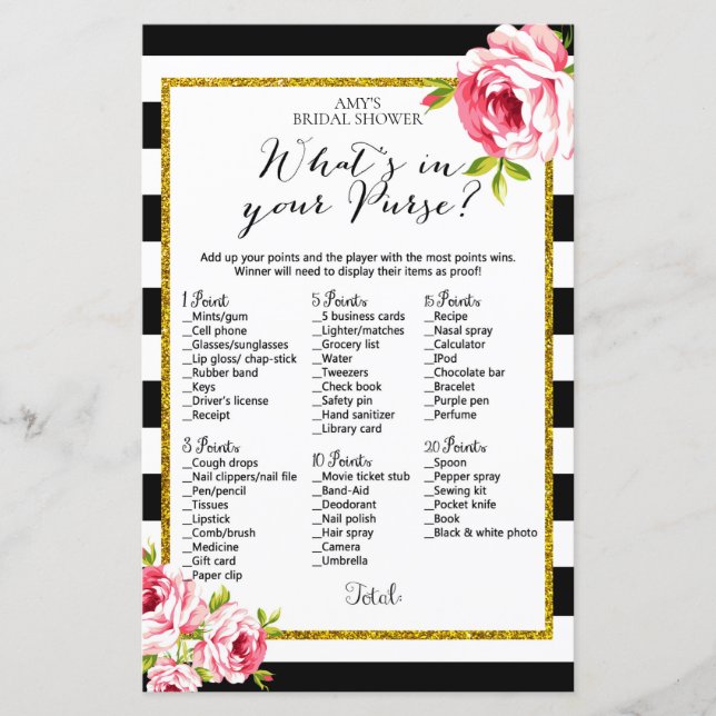 Bridal Shower Game - What's in your Purse (Front)