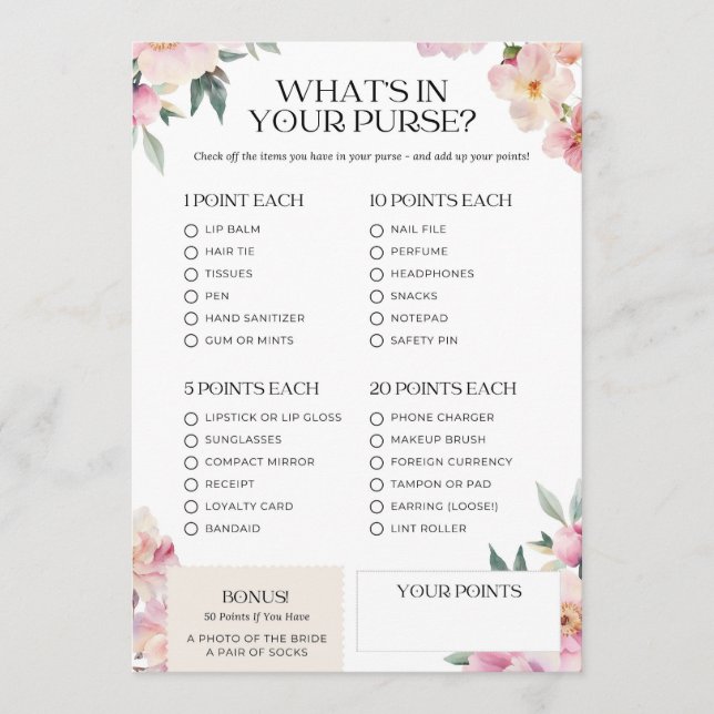 Bridal Shower Game What's in your Purse Pink  Invitation (Front)