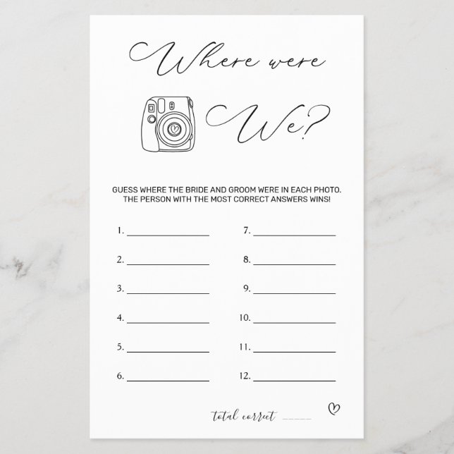 Bridal Shower Game Where Were We Flyer (Front)