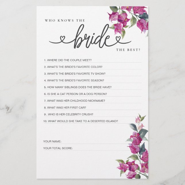 Bridal Shower Game Who Knows the Bride the Best? (Front)