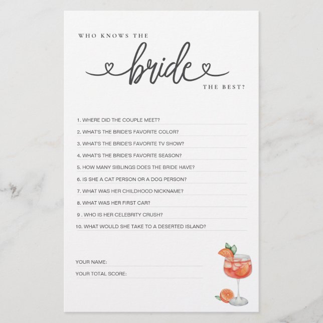 Bridal Shower Game Who Knows the Bride the Best? (Front)