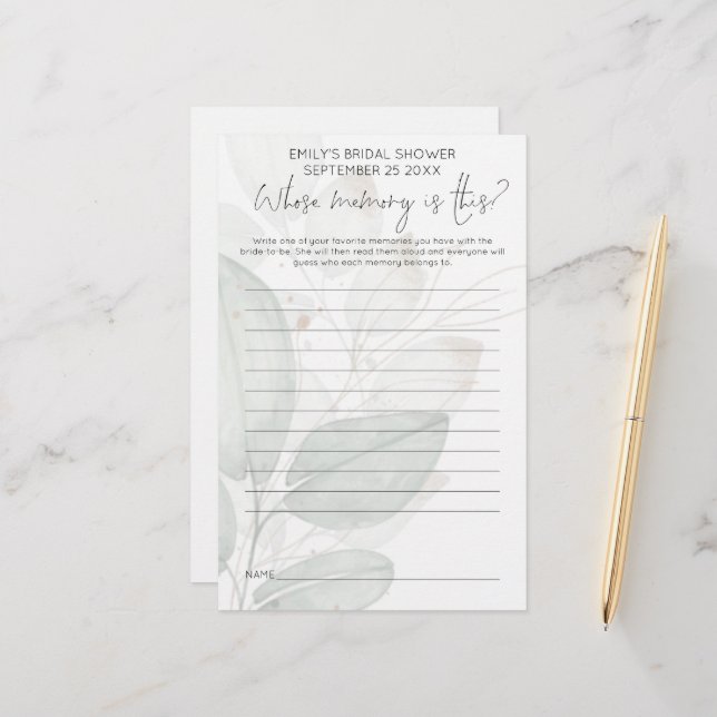 Bridal Shower Game Whose Memory Tinted Foliage (Front/Back In Situ)