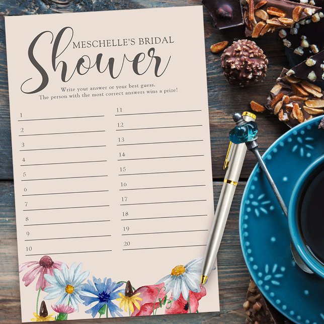 Bridal Shower Game Wildflower Charm Answer Card (DIY Bridal Shower Game or Baby Shower game answer sheet from my Wildflower Charm collection)