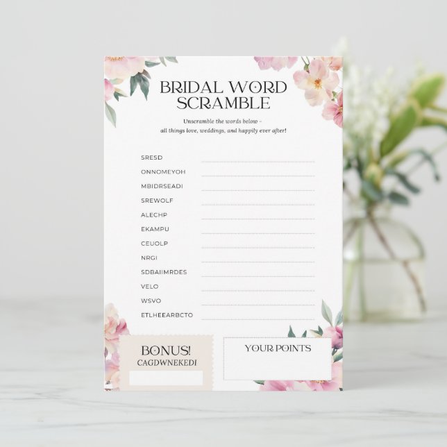Bridal Shower Game Word Scramble Pink Floral Invitation (Standing Front)