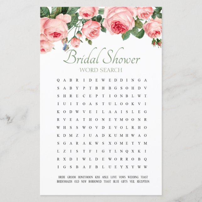 Bridal Shower Game Word Search Blushing Rose (Front)