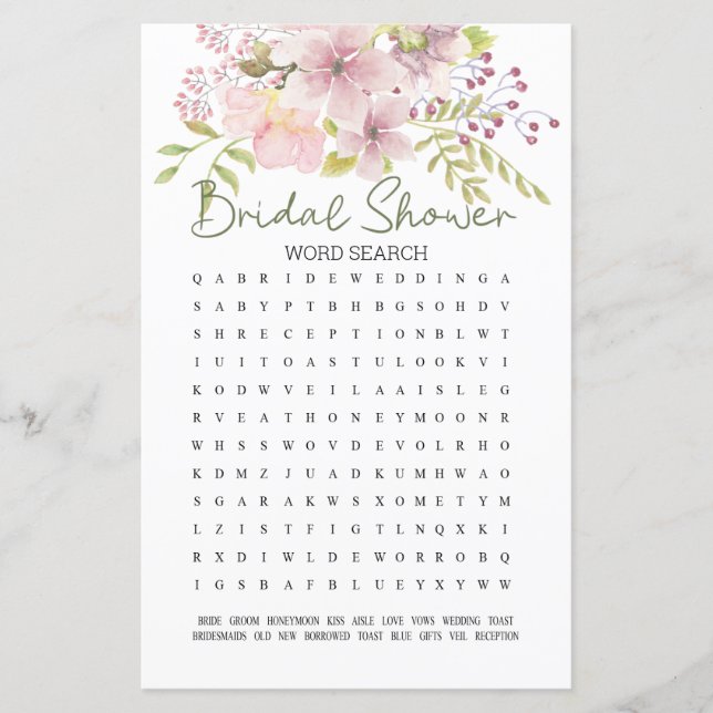 Bridal Shower Game Word Search Pink Blush Magnolia (Front)