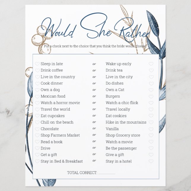 Bridal Shower Game Would She Rather Blue Gold (Front)