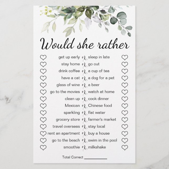 Bridal Shower Game Would She Rather Card (Front)