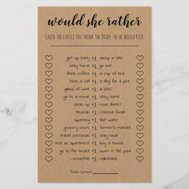 Bridal Shower Game Would She Rather Card (Front)