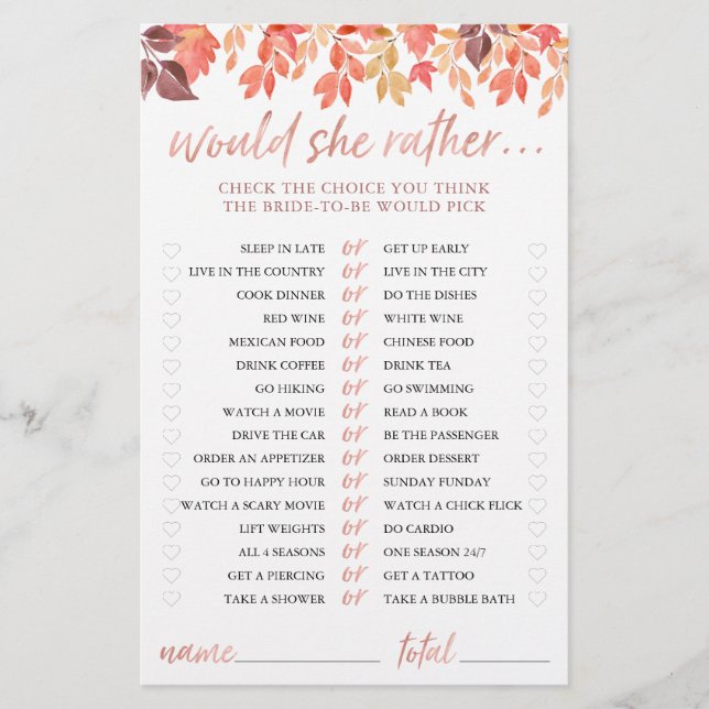 Bridal Shower Game Would She Rather Fall Leaves (Front)