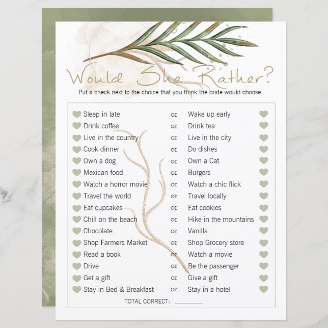 Bridal Shower Game Would She Rather Gold Sage (Front/Back)
