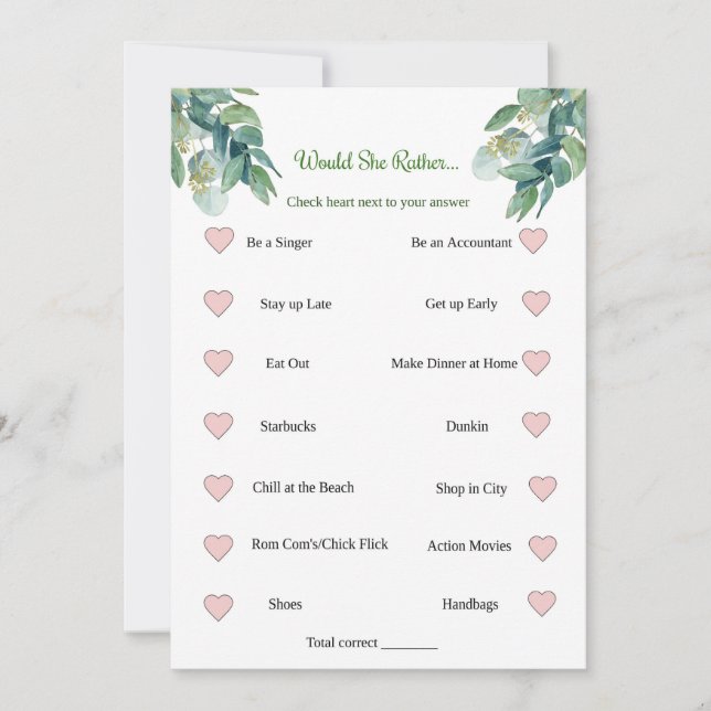 Bridal Shower Game Would She Rather Invitation (Front)