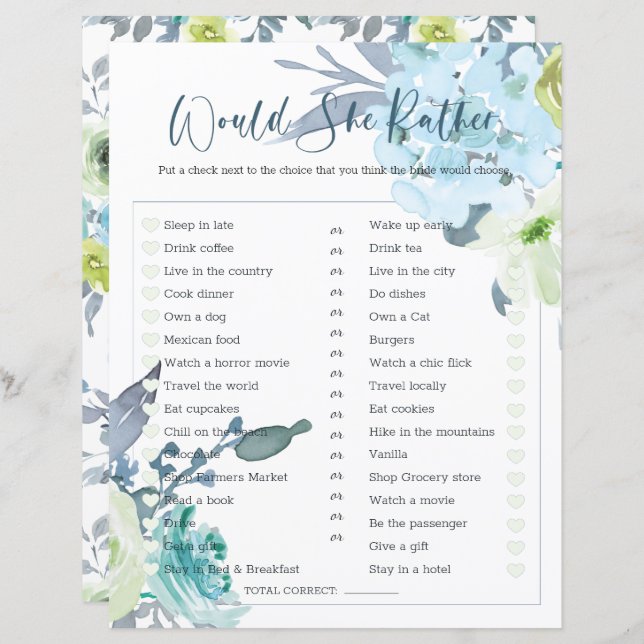 Bridal Shower Game Would She Rather Light Blue (Front/Back)