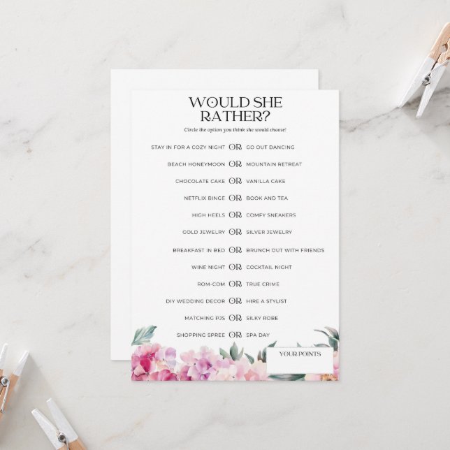 Bridal Shower Game Would She Rather Pink Floral` Invitation (Front/Back In Situ)
