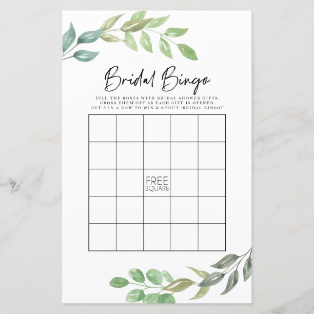 Bridal Shower Games Bingo Game Wedding Greenery (Front)