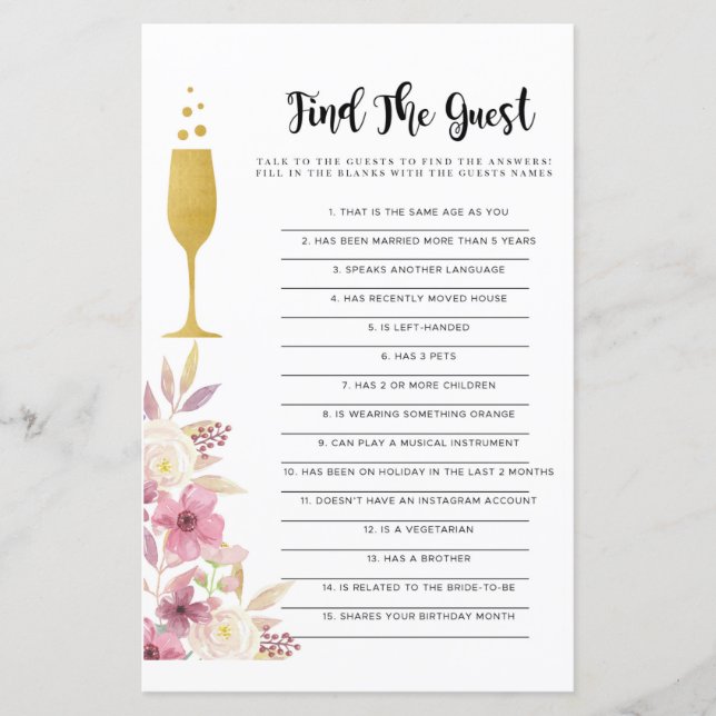 Bridal Shower Games Find The Guest Game Champagne (Front)