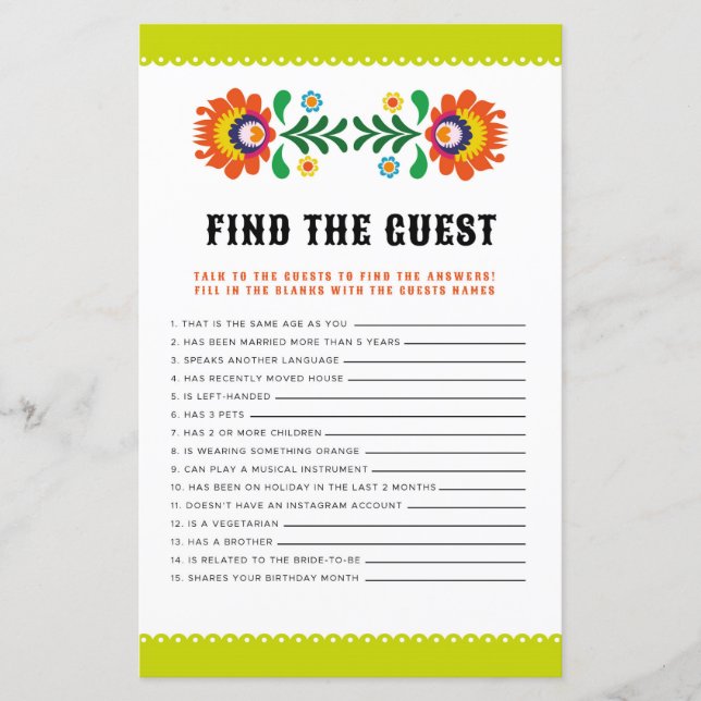 Bridal Shower Games Find The Guest Game Fiesta (Front)