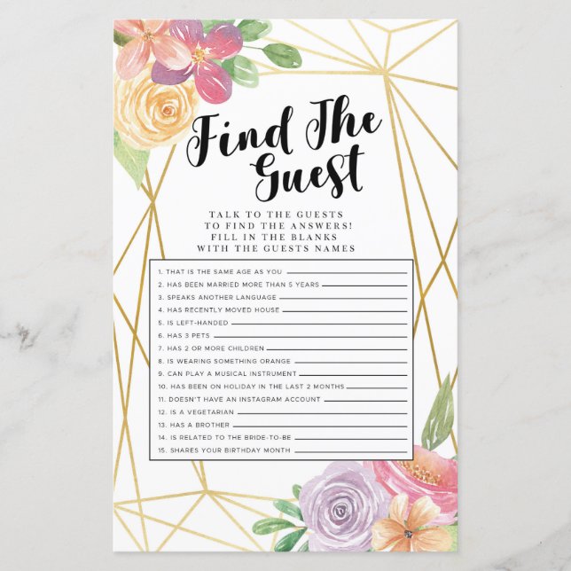 Bridal Shower Games Find The Guest Game Floral (Front)