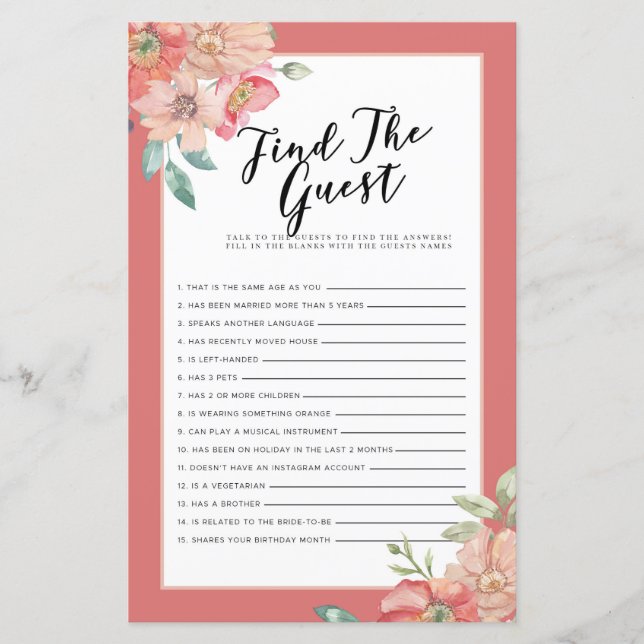 Bridal Shower Games Find The Guest Game Floral (Front)