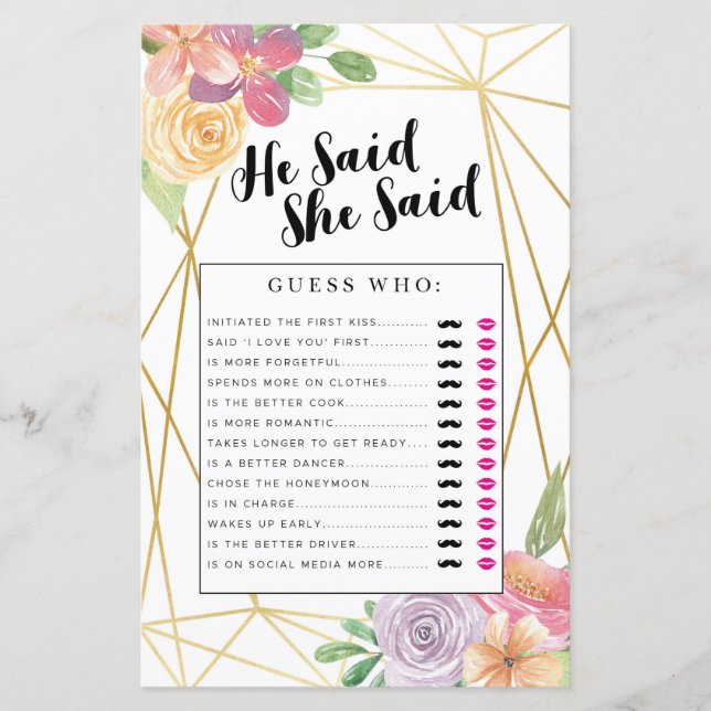 Bridal Shower Games He Said She Said Game Floral (Front)