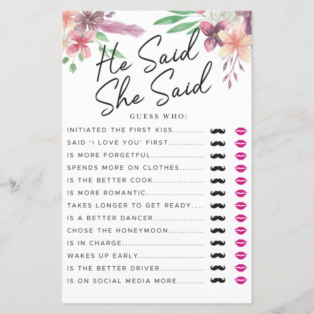 Bridal Shower Games He Said She Said Game Floral (Front)