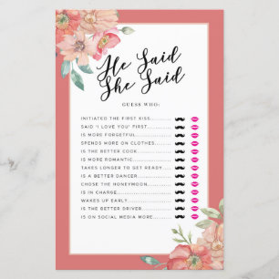 Bridal Shower Games He Said She Said Game Floral