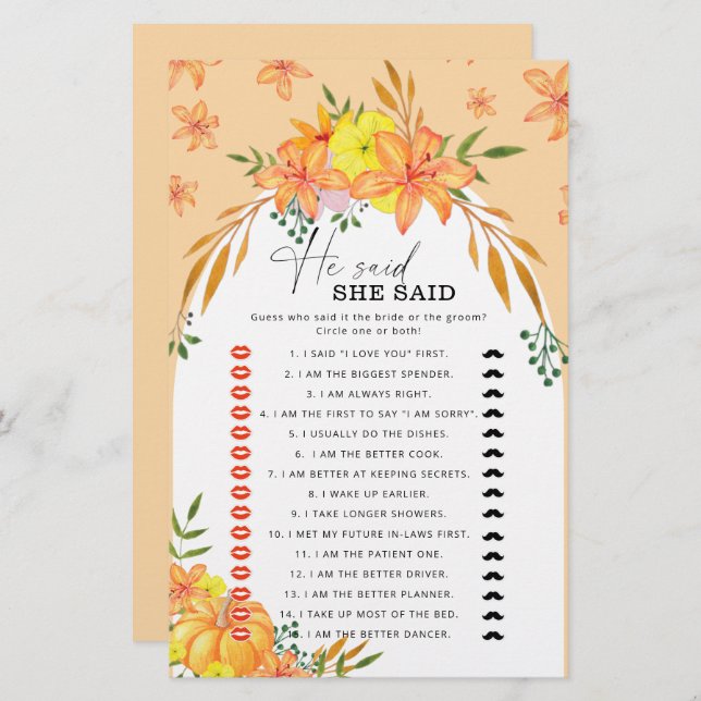 Bridal Shower Games He Said She Said Pumpkin (Front/Back)