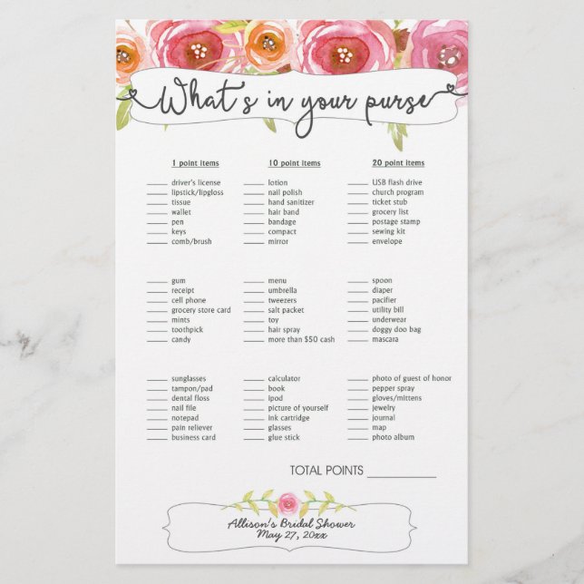 Bridal Shower Games purse bingo, pink floral 3605 (Front)