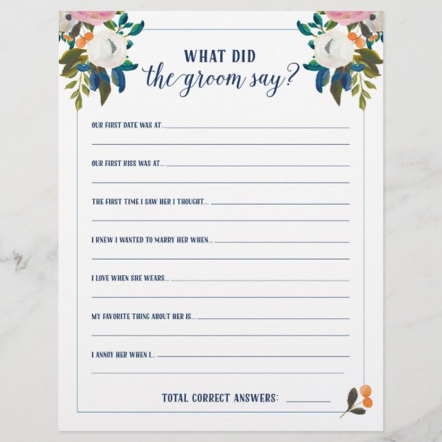 Bridal Shower Games What Did the Groom Say (Front)