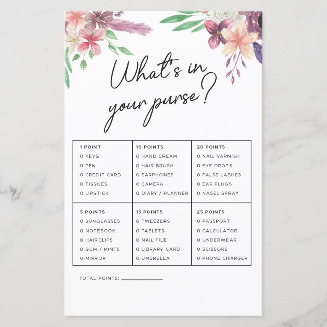 Bridal Shower Games What's In Your Purse Game Pink (Front)