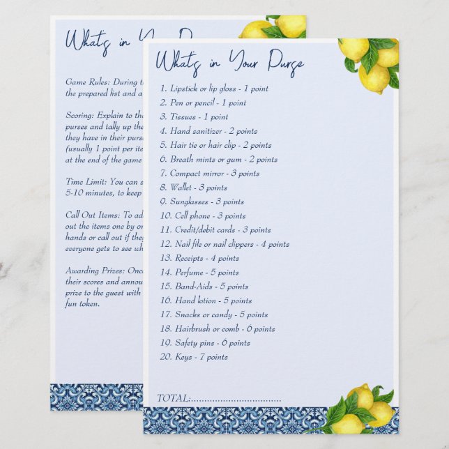Bridal shower games What's in your purse Stationery (Front/Back)