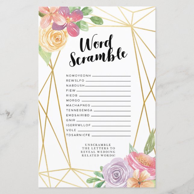 Bridal Shower Games Word Scramble Game Pink Floral (Front)