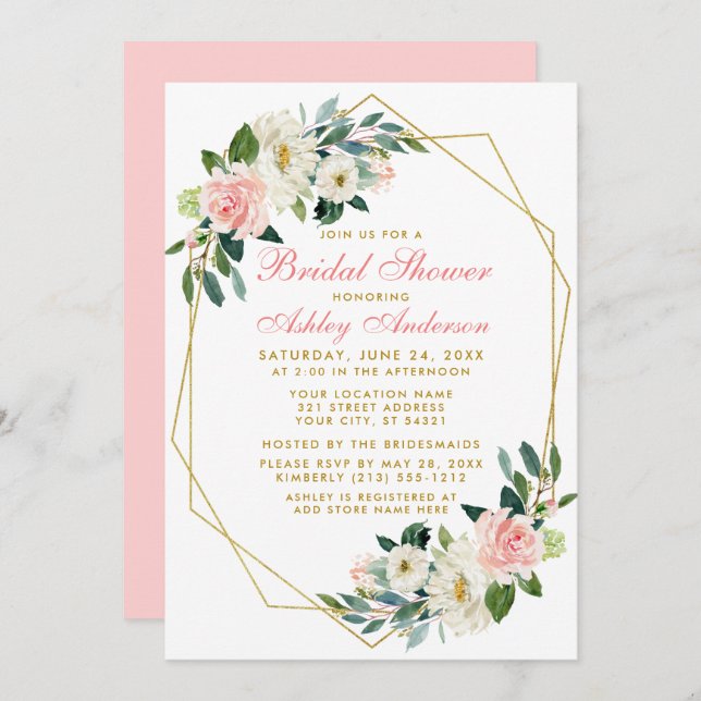 Bridal Shower Geometric Frame Pink Floral Invite P (Front/Back)