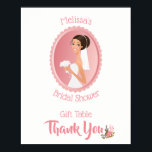 Bridal Shower Gift Table Poster<br><div class="desc">A poster for a bridal shower. Personalise with a name. An illustration of a smiling bride holding a bouquet of flowers in her fancy white wedding dress and wearing a veil. Set inside a pink oval frame with a scalloped border.</div>