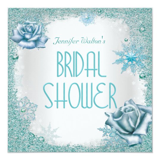 Bridal Shower Glitter Teal Blue White Roses Card