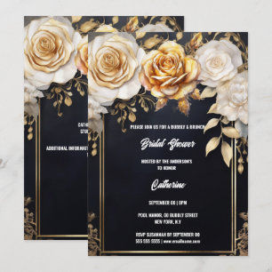 Bridal shower gold black rose flower floral chic invitation