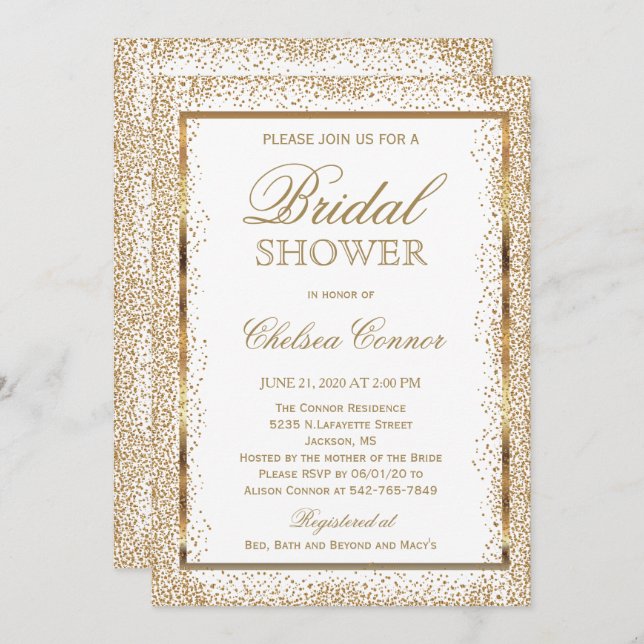 Bridal Shower - Gold Confetti and White Invitation (Front/Back)