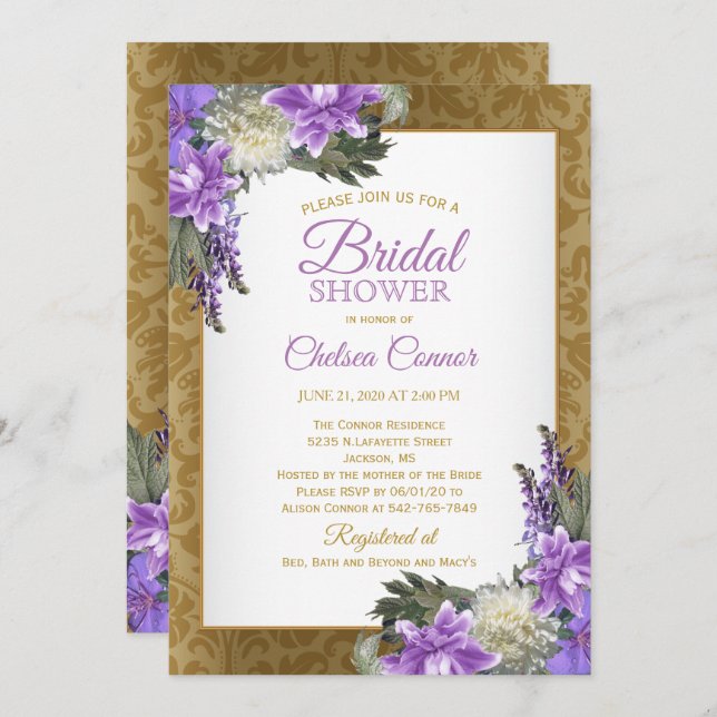 Bridal Shower - Gold Damask & Lavender Purple Invitation (Front/Back)