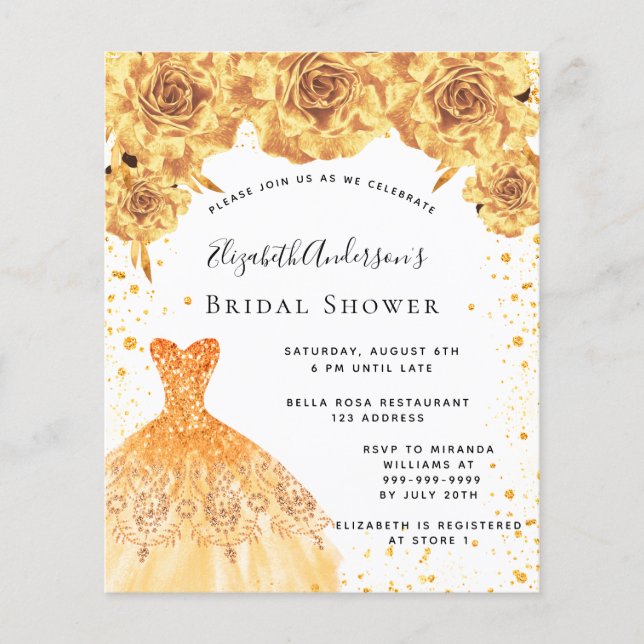 Bridal Shower gold dress floral budget invitation Flyer (Front)