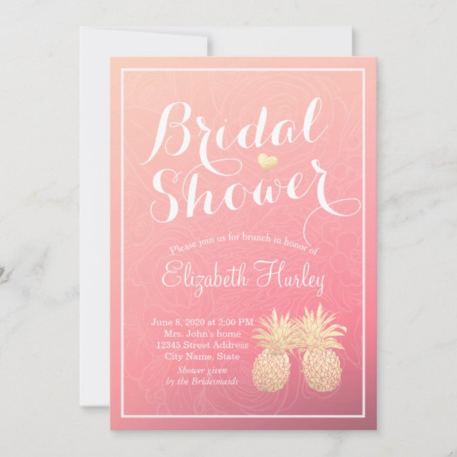 Bridal Shower Gold Foil Pineapple Couple Pink Rose Invitation (Front)