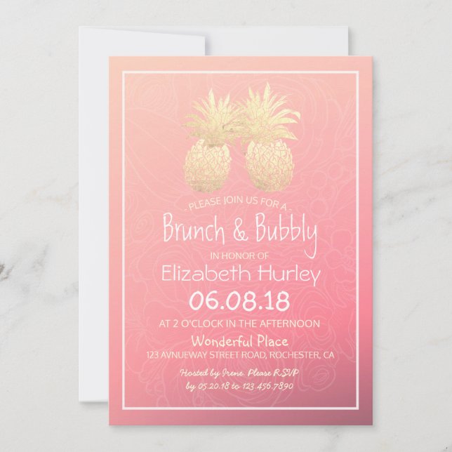 Bridal Shower Gold Foil Pineapple Couple Pink Rose Invitation (Front)