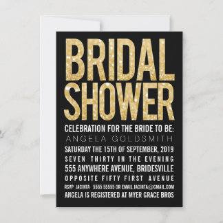 Bridal Shower Gold Glitter Black & White Invite