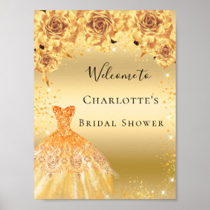 Bridal Shower gold glitter dress florals welcome Poster