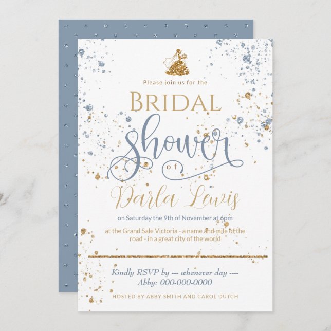 Bridal shower gold glitter_dusty blue invitation (Front/Back)