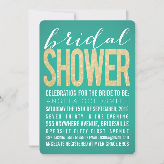 Bridal Shower Gold Glitter Emerald Party Invites (Front)