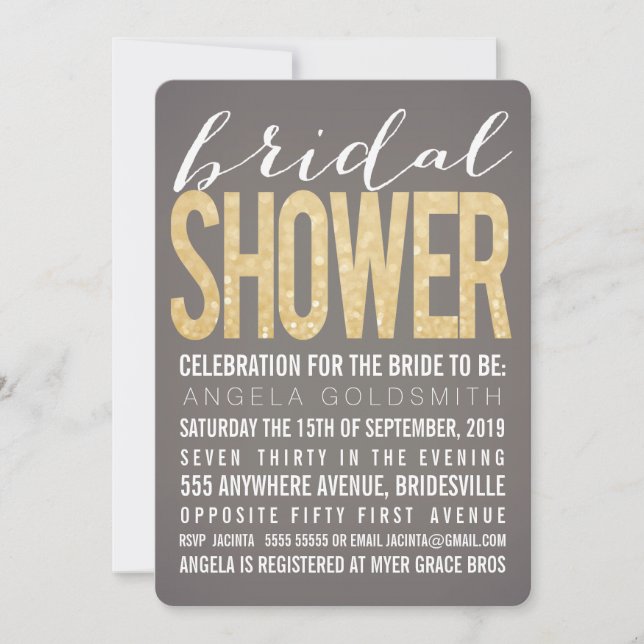 Bridal Shower Gold Glitter Grey Party Invitation (Front)