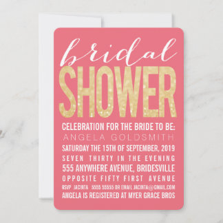 Bridal Shower Gold Glitter Salmon Party Invites
