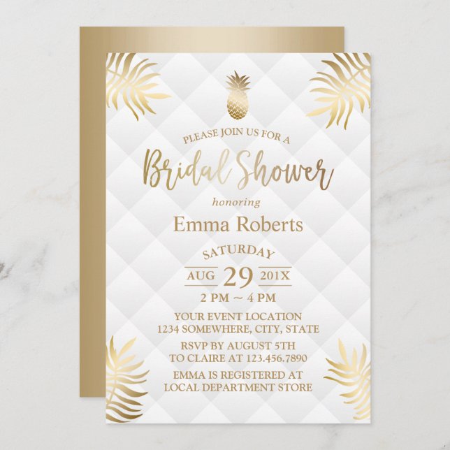 Bridal Shower Gold Pineapple Elegant Tropical Invitation (Front/Back)